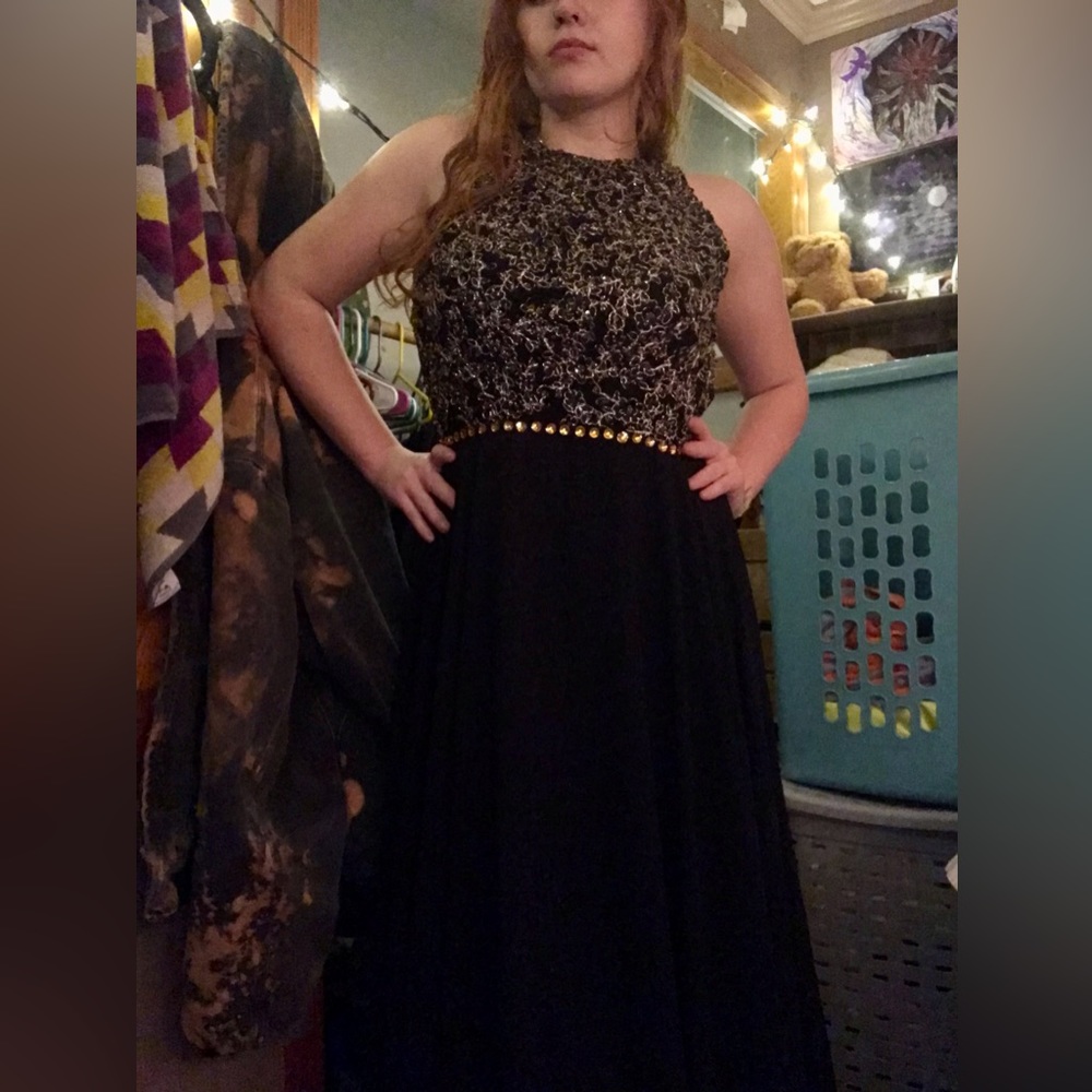 Black backless dress with fancy top floor length